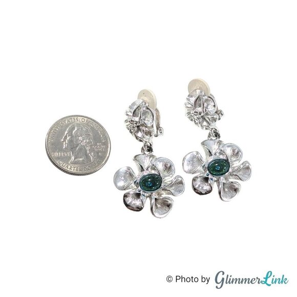Vintage Silver Tone Green Cabochon Floral Dangle Clip On Earrings Statement - Picture 5 of 7